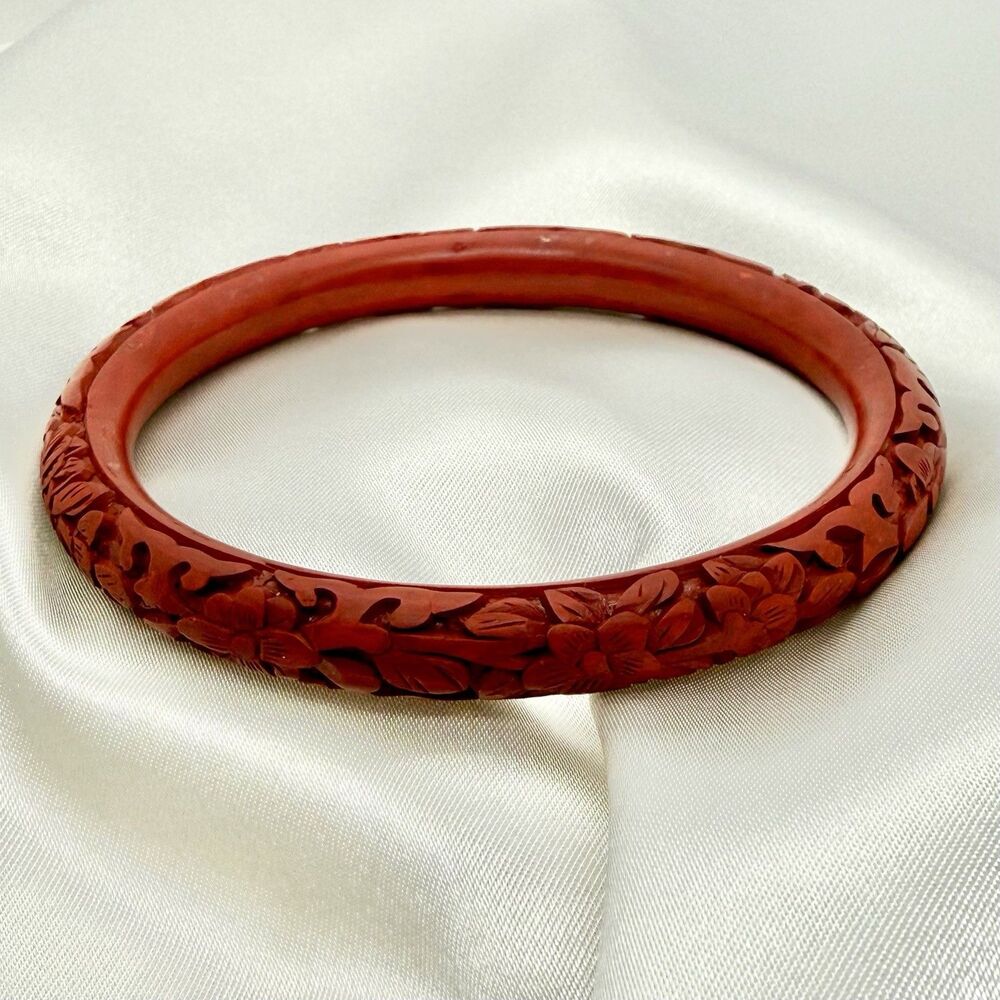 Vintage Chinese Carved Red Cinnabar Lacquer Bangle Bracelet 8” Floral Motif